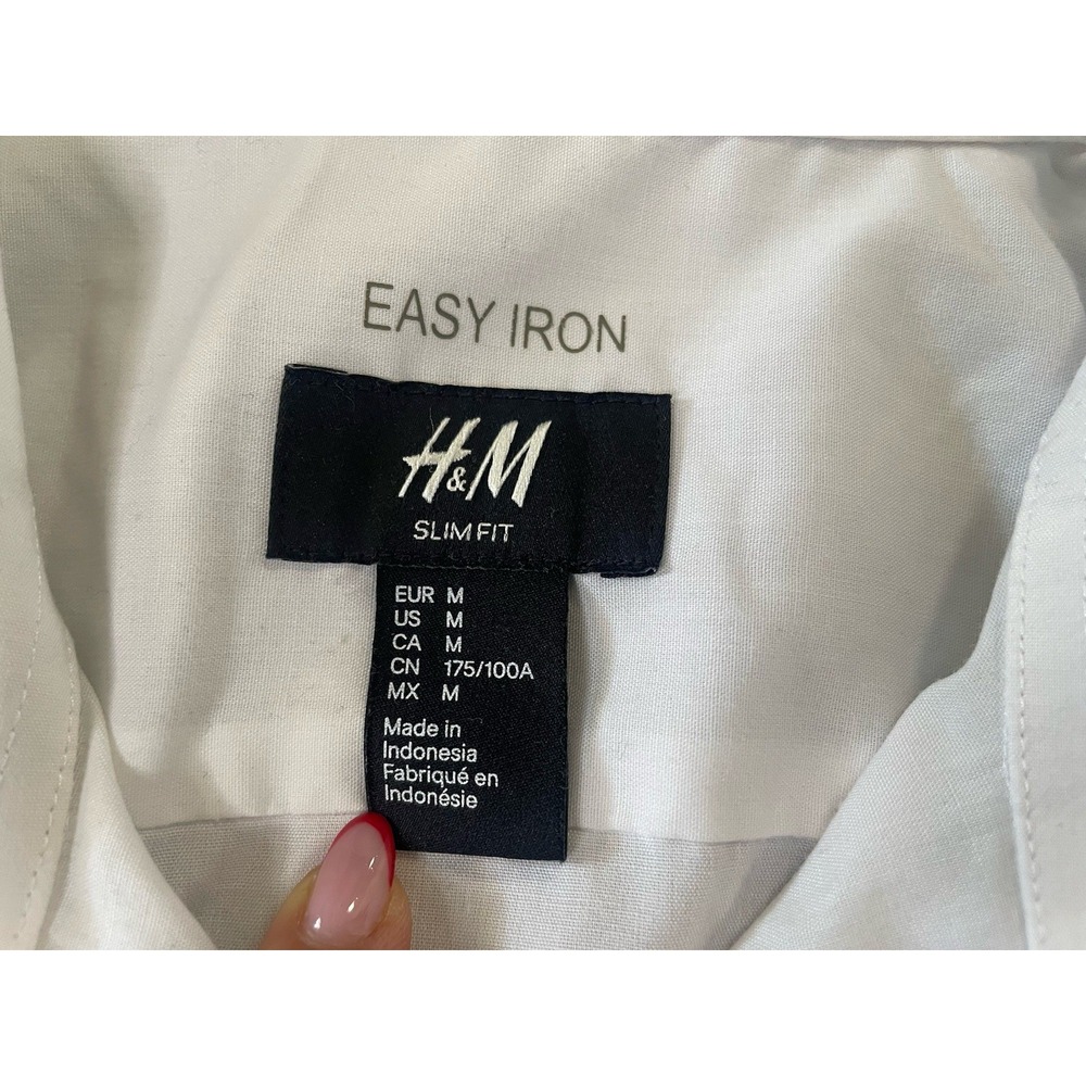 H&M White Long-Sleeve Slim Fit Men's Sz M Dress Shirt Button-Up Easy Iron - Picture 7 of 8